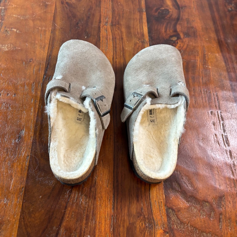 Birkenstock Boston Shearling Suede Clogs Taupe Brown Mules Womens 41 L10 M8 - Picture 15 of 15